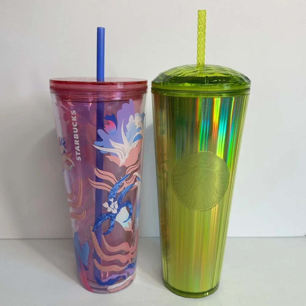 Starbucks Tumbler Set 24oz Floral Purple & Iridescent Lime Green Excellent Venti